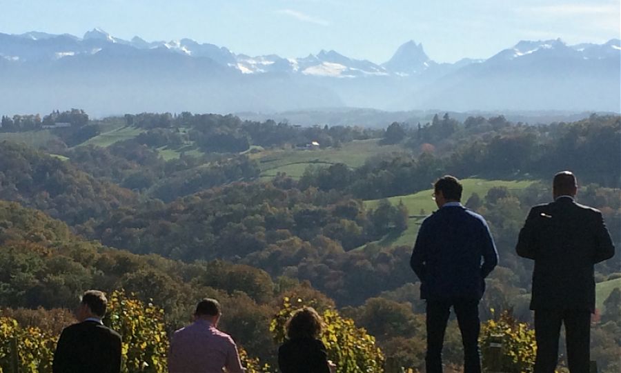 Five adults standing and sitting looking at mountain view from clos mirabel.