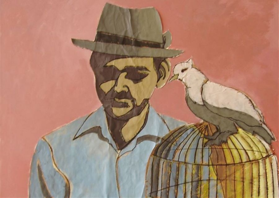 Peinture d'un homme avec chapeau et oiseau.