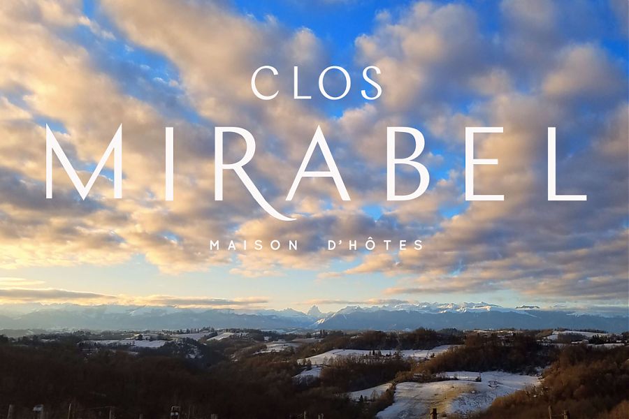 Winter scene, mountains, fields and logo.