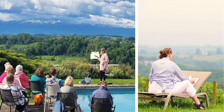 Group de adults en train de faire un stage de peinture en plein air.