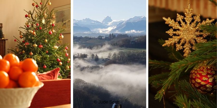 Abre de noel et vue montagnes.