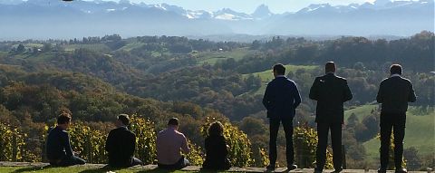 Seven people looking at fields and mountains.